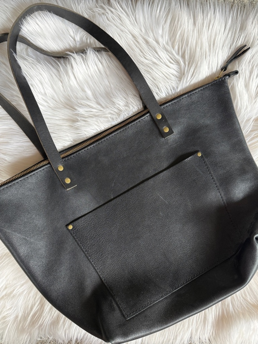 Portland Leather Black Zipper Medium Leather Tote with Front Pocket